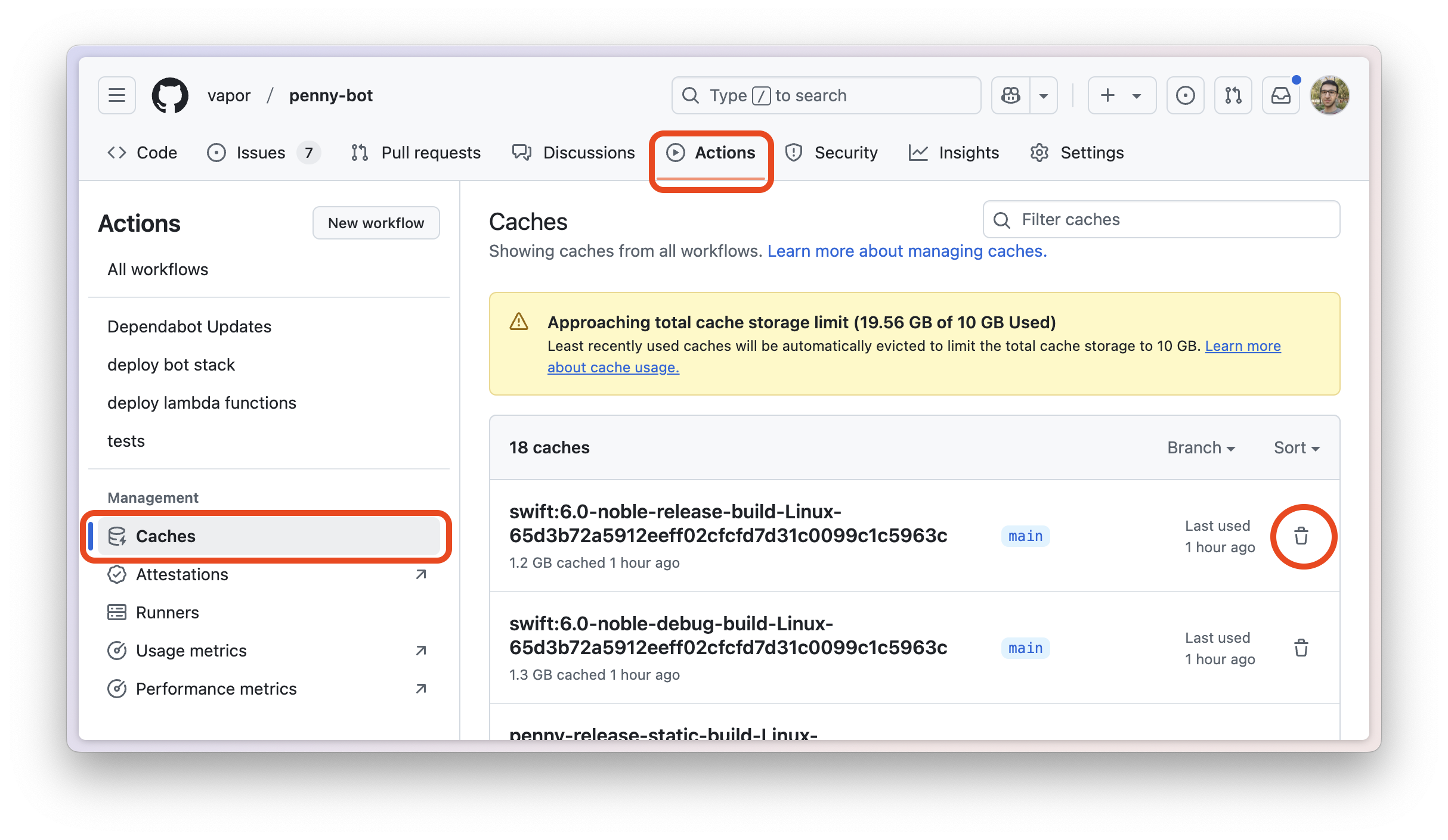 Delete Cache In GitHub UI